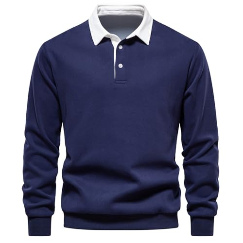 Nbzsmlkn Freizeit-Poloshirt, Langärmlige Poloshirts Für Herren, Hemden Mit Knöpfen, V-Ausschnitt, Farbblock, Reverskragen, Leichtes Sweatshirt, Legeres Poloshirt Mit Knöpfen, Einfarbig (Marineblau,S) von Nbzsmlkn