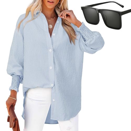 Nbzsmlkn Gestreiftes Damenhemd Mit Elastischen Ärmeln, Gestreifte Button-Down-Hemden Für Damen, übergroße Boyfriend-Blusen, Lockere, Modische Hemden Mit Gesmokten Manschetten Und Tasche (Blau,S) von Nbzsmlkn