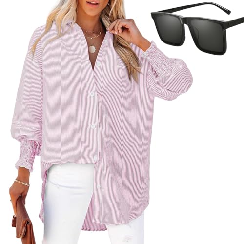 Nbzsmlkn Gestreiftes Damenhemd Mit Elastischen Ärmeln, Gestreifte Button-Down-Hemden Für Damen, übergroße Boyfriend-Blusen, Lockere, Modische Hemden Mit Gesmokten Manschetten Und Tasche (Rosa,M) von Nbzsmlkn