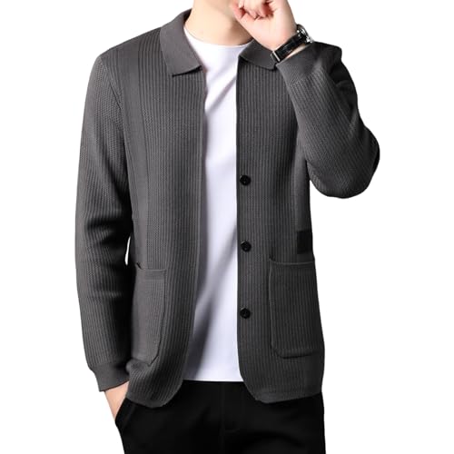 Nbzsmlkn Herren-Strickjacke Mit Revers,Herren-Strickjacke Mit Reverskragen,Schmaler,Einfarbiger Pullover,Lässiger Button-Down-Strickpullover,Leichter Gestrickter Button-Down-Strickpullover (Grau,3XL) von Nbzsmlkn