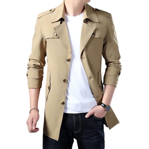 Nbzsmlkn Midi-Trenchcoat Für Herren, Einreihiger Trenchcoat Mit Schmaler Passform Und Revers Für Herren, Einreihiger, Lässiger Business-Mantel Im Englischen Stil (Khaki,XL) von Nbzsmlkn