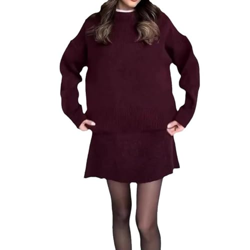 Nbzsmlkn Neues,Einfarbiges,Lässiges Strickkleid-Set Im College-Stil Für Herbst 2024,2-teiliges Pullover-Set:Langarm-Oberteil Und Minirock,lässiges,lockeres Strickpullover-Minirock-Lounge-Set (Rot,XS) von Nbzsmlkn