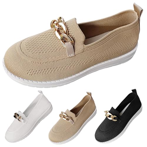 Nbzsmlkn Orthopädische Schuhe Mit Kettendesign, Orthopädische Slipper Für Damen, Slipper Aus Gewebtem Mesh, Orthopädische, Atmungsaktive Slipper, Flache Wanderschuhe (Aprikose,41) von Nbzsmlkn