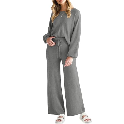 Nbzsmlkn Set Aus Langärmligem Lounge-Top Und Hose Mit Kordelzug, Strick-Lounge-Sets Für Damen, 2-teilig, Gemütliches Set Aus Langärmligem Pullover-Oberteil Und Hose Mit Weitem Bein (Dunkelgrau,L) von Nbzsmlkn