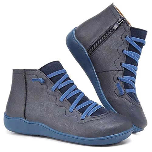 Nbzsmlkn Stiefeletten, Weite Stiefel Für Damen, Bequeme Orthopädische Fußgewölbeunterstützung, Modische Vintage-Stiefeletten Mit Schnürung Und Seitlichem Reißverschluss (Blau,36) von Nbzsmlkn