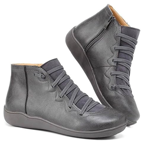 Nbzsmlkn Stiefeletten, Weite Stiefel Für Damen, Bequeme Orthopädische Fußgewölbeunterstützung, Modische Vintage-Stiefeletten Mit Schnürung Und Seitlichem Reißverschluss (Grau,36) von Nbzsmlkn