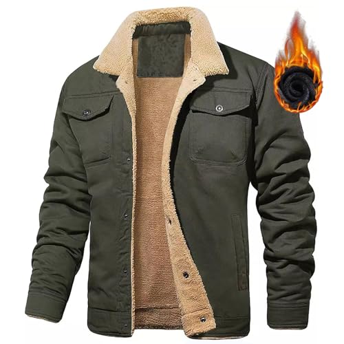 Nbzsmlkn Winterjacke Mit Fleecefutter, Herren-Wintermantel Mit Fleecefutter, Thermojacke Mit Sherpa-Fleecefutter Und Button-Down-Revers, Dicke, Lässige Trucker-Jacke (Armeegrün,2XL) von Nbzsmlkn