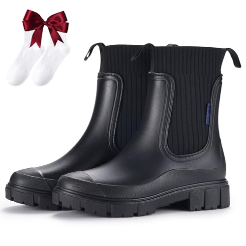 Wasserdichte Und Rutschfeste Stiefel Mit Dicker Sohle,orthopädische Regenstiefel Damen Mit Fußgewölbeunterstützung,elastische,wasserdichte,leichte Und Rutschfeste Gartenstiefeletten (Schwarz,41) von Nbzsmlkn