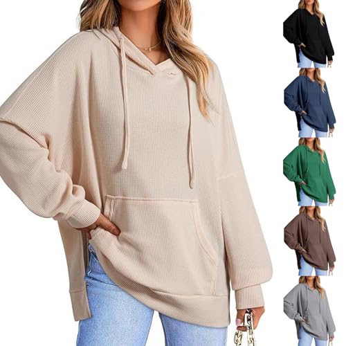 Weicher Und Dehnbarer Tunika-Hoodie, übergroße Hoodies Für Damen, Lässig, Langärmlig, Locker, V-Ausschnitt, Waffelstrick, Kordelzug, Seitlicher Schlitz, Pullover-Sweatshirt Mit Tasche (Beige,M) von Nbzsmlkn