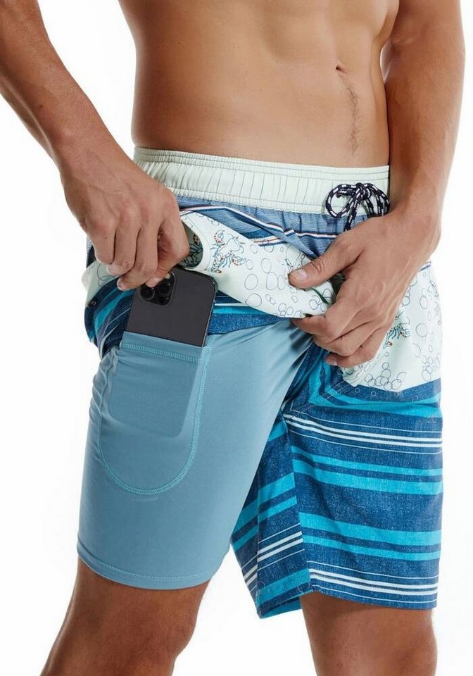 Nebelmeer Badeshorts Bequeme, atmungsaktive Herren-Doppel-Layer-Strandhose für den Sommer, bedruckt, zum Laufen, Sporttreiben, viertellang, schnell trocknend von Nebelmeer