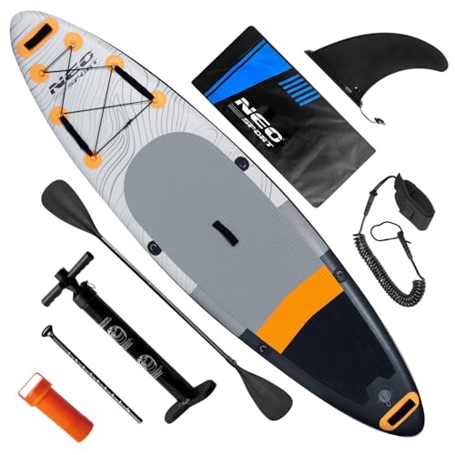 Neo-Sport Stand Up Paddle Board Mit SUP Zubehör Set Aufblasbares Board Für Stand-Up Paddling 320 x 81 x 15 cm Bis 140 kg Mit Handpumpe Paddel Rucksack Leash Flosse Reperaturset Aquasurf (170001) von Neo-Sport