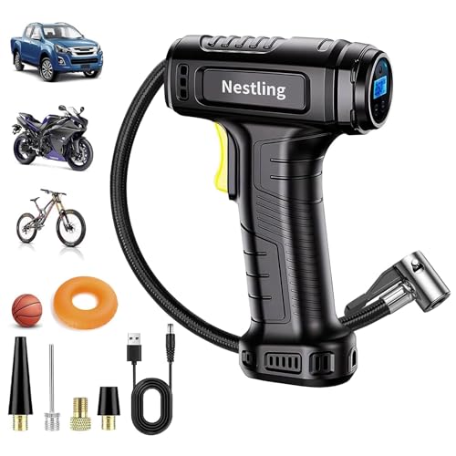 Nestling Elektrische Luftpumpe,150PSI Elektrischer Kompressor,12V Tragbar USB Wiederaufladbarer Reifenpumpe mit LED Licht und 4 Düsen,für Fahrräder,Motorräder,Autos,Bälle von Nestling