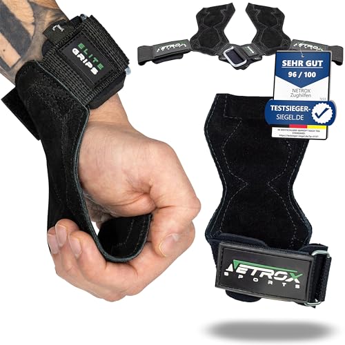 NetroxSports® – Elite Grips Zughilfen für Bodybuilding, Gewichtheben, Krafttraining & Fitness – speziell entwickelt für schwere Gewichte – extra Starke Lifting Straps für Frauen & Männer (L) von Netrox