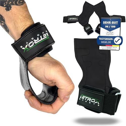 NetroxSports® – Power Grips Zughilfen für Bodybuilding, Gewichtheben, Krafttraining & Fitness – speziell entwickelt für schwere Gewichte – extra Starke Lifting Straps I Frauen & Männer (Schwarz, S) von Netrox