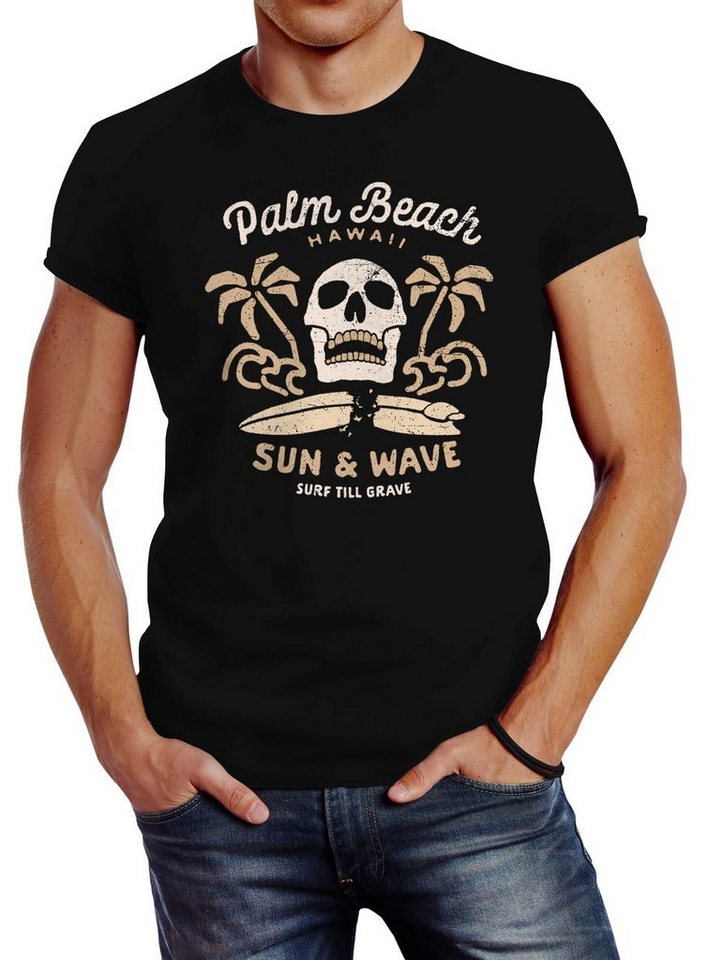 Print-Shirt Herren T-Shirt Surf-Motiv Totenkopf Palm Beach Neverless® mit Print von Neverless