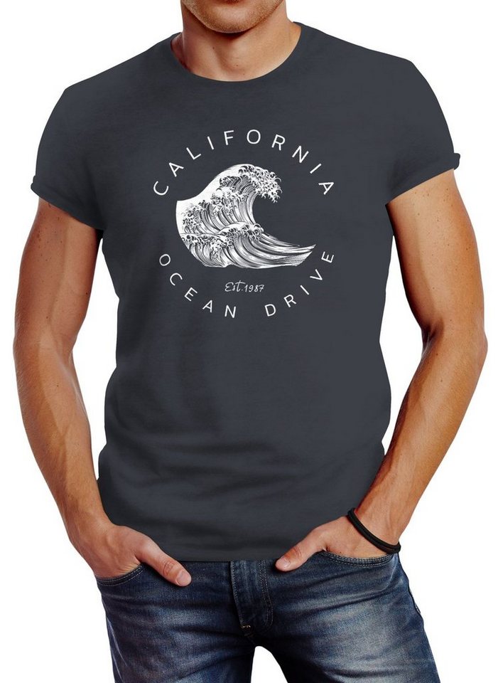 Neverless Print-Shirt Herren T-Shirt Welle Wave California Ocean Drive Surf Summer Slim Fit mit Print Neverless Print-Shirt Herren T-Shirt Welle Wave California Ocean Drive Surf Summer Slim Fit mit Print von Neverless