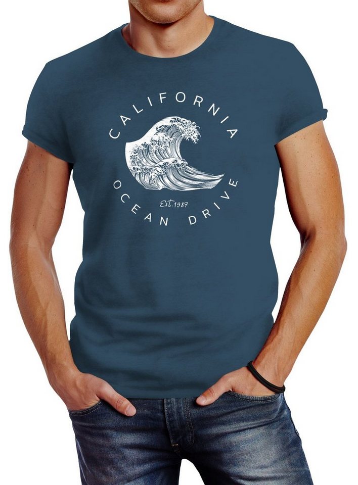 Neverless Print-Shirt Herren T-Shirt Welle Wave California Ocean Drive Surf Summer Slim Fit mit Print Neverless Print-Shirt Herren T-Shirt Welle Wave California Ocean Drive Surf Summer Slim Fit mit Print von Neverless