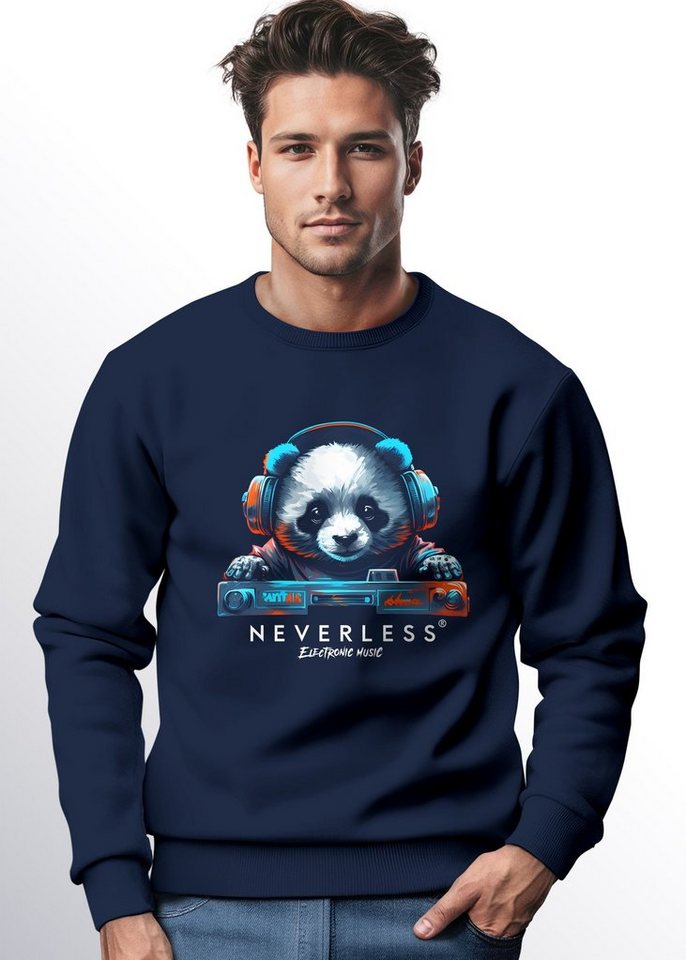 Neverless Sweatshirt Sweatshirt Herren Aufdruck Panda Bär Techno DJ Musik Rundhals-Pullover von Neverless