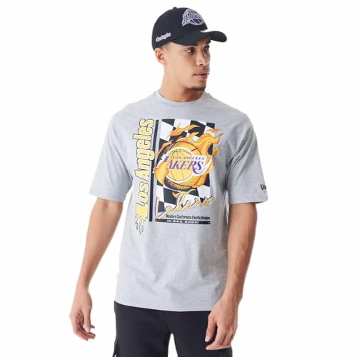 NBA Flame Print Oversized T-Shirt Los Angeles Lakers Heather Grey Yellow von New Era