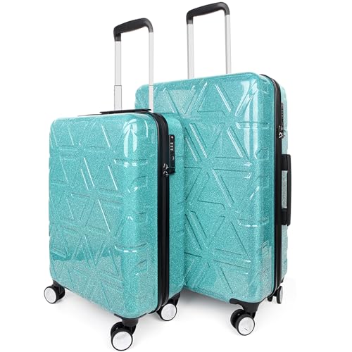 NEWCOM Gepäck Glitzer Schimmer Geometrische Prägung Rollkoffer Damen Hartschalenhülle Sparkle ABS + PC, grün, 2 Stück, Gepäck-Set von Newcom
