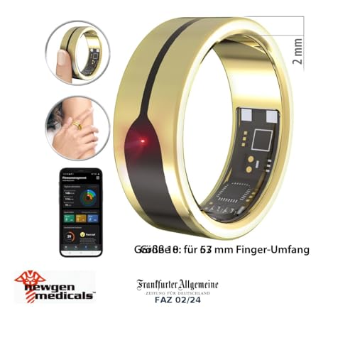 Newgen Medicals Damen-Ring: Fitnesstracker-Ring, Herzfrequenz- & SpO2-Anzeige, 2 mm, Gold, Gr. 57 (Schlaf-Tracker, Smart Ring, Handy) von Newgen Medicals