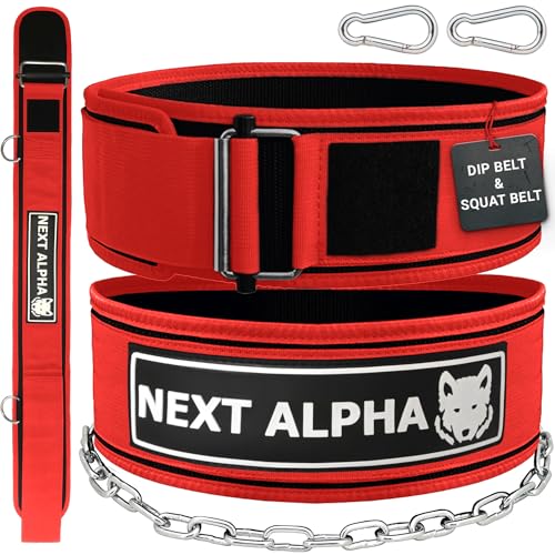 Next Alpha Gewichthebergürtel & Dip Gürtel-Kombination - Custom Weight Lifting Belt für Herren und Damen - Selbstverschluss- & Schnellverschlussschnalle - Mit Kette - Rot - Extra Extra Large von Next Alpha