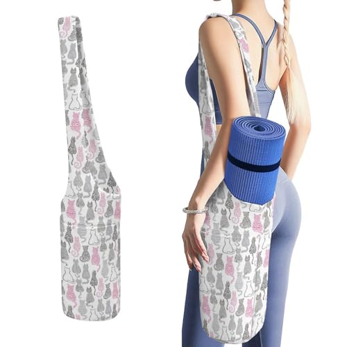 Niapessel Yogamatten-Tasche, Yogamatten-Taschen für Frauen, grau-rosa Katzen-Druck, Yogamatten-Halter, Tasche, Tragetasche mit Taschen, Yoga-Zubehör, Yoga-Geschenke für Frauen und Yoga-Liebhaber von Niapessel