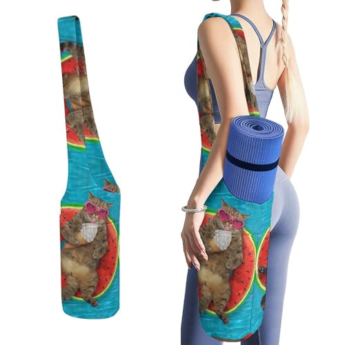 Niapessel Yogamatten-Tasche, Yogamatten-Taschen für Frauen, lustige Katze liegend auf Wassermelonen-Druck, Yogamatten-Halter, große Tasche mit Taschen, Yoga-Zubehör, Yoga-Geschenke für Frauen und von Niapessel