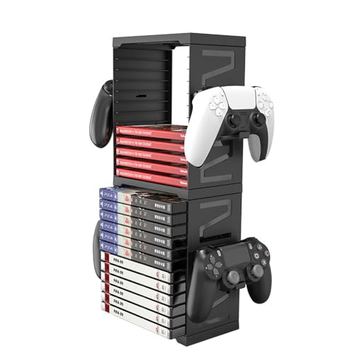 Niciksty Game Storage Tower Ständer für PS5, PS5 Speicherung von Spiel-CDs Halter Stand für 24 CD und 4 Controller für Switch, Xbox Series S & X, Xbox One, PS4, PS3, Blu Rays von Niciksty