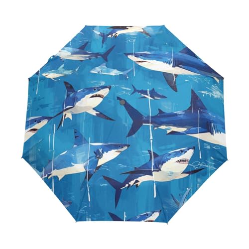 Aquarell Blauer Haifisch Regenschirm Taschenschirm Kinder Jungen Mädchen UV-Schutz Auf-Zu Automatik Umbrella Verstärkt Winddichte Zusammenklappbar von Niigeu