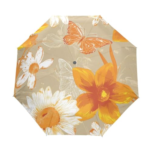 Blumen Im Europäischen Stil Beige Regenschirm Taschenschirm Kinder Jungen Mädchen UV-Schutz Auf-Zu Automatik Umbrella Verstärkt Winddichte Zusammenklappbar von Niigeu