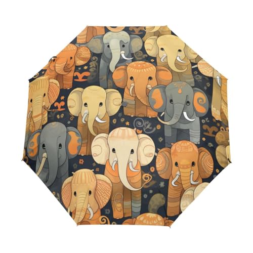 Cartoon Vintage Indisches Elefantenbaby Regenschirm Taschenschirm Kinder Jungen Mädchen UV-Schutz Auf-Zu Automatik Umbrella Verstärkt Winddichte Zusammenklappbar von Niigeu