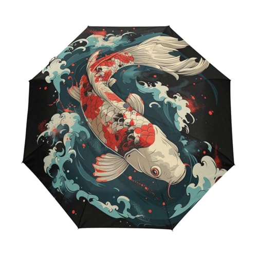 Japan Cartoon Koi Fisch Regenschirm Taschenschirm Kinder Jungen Mädchen UV-Schutz Auf-Zu Automatik Umbrella Verstärkt Winddichte Zusammenklappbar von Niigeu