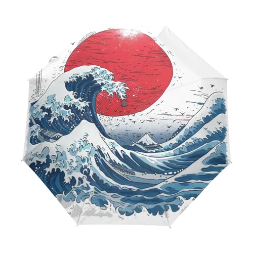 Japanische Flagge Große Meereswelle Regenschirm Taschenschirm Kinder Jungen Mädchen UV-Schutz Auf-Zu Automatik Umbrella Verstärkt Winddichte Zusammenklappbar von Niigeu