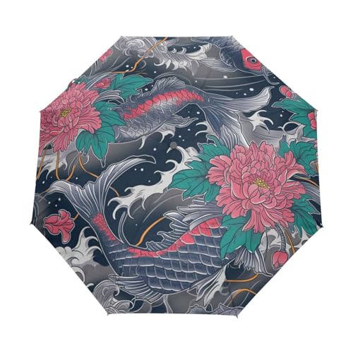 Japanischer Blumen Koi Fisch Regenschirm Taschenschirm Kinder Jungen Mädchen UV-Schutz Auf-Zu Automatik Umbrella Verstärkt Winddichte Zusammenklappbar von Niigeu