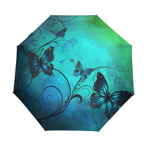 Klassisches Schmetterlings Insektengrün Regenschirm Taschenschirm Kinder Jungen Mädchen UV-Schutz Auf-Zu Automatik Umbrella Verstärkt Winddichte Zusammenklappbar von Niigeu