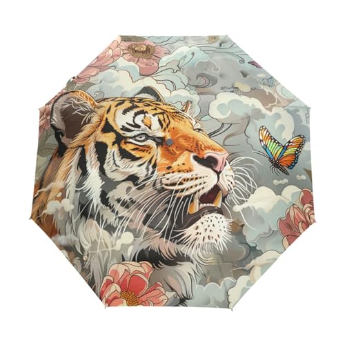 Romantische Asiatische Tigerblume Regenschirm Taschenschirm Kinder Jungen Mädchen UV-Schutz Auf-Zu Automatik Umbrella Verstärkt Winddichte Zusammenklappbar von Niigeu