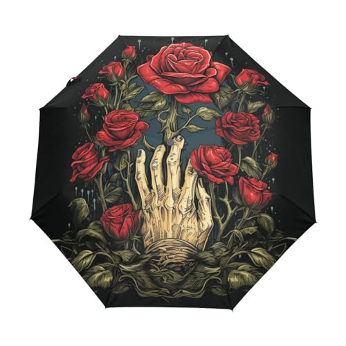 Rosenblüten Zuckerhandknochen Regenschirm Taschenschirm Kinder Jungen Mädchen UV-Schutz Auf-Zu Automatik Umbrella Verstärkt Winddichte Zusammenklappbar von Niigeu