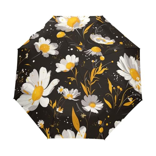 Schwarze Weiße Gänseblümchenblume Regenschirm Taschenschirm Kinder Jungen Mädchen UV-Schutz Auf-Zu Automatik Umbrella Verstärkt Winddichte Zusammenklappbar von Niigeu