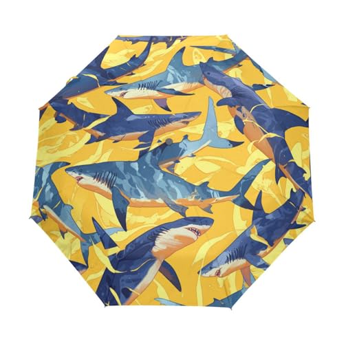 Tarnung Haie Fische Gelb Regenschirm Taschenschirm Kinder Jungen Mädchen UV-Schutz Auf-Zu Automatik Umbrella Verstärkt Winddichte Zusammenklappbar von Niigeu