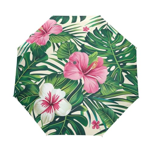 Tropische Palmenblätter Blühen Regenschirm Taschenschirm Kinder Jungen Mädchen UV-Schutz Auf-Zu Automatik Umbrella Verstärkt Winddichte Zusammenklappbar von Niigeu