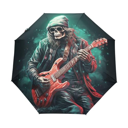 Weihnachtsskelett Gitarrenmusik Regenschirm Taschenschirm Kinder Jungen Mädchen UV-Schutz Auf-Zu Automatik Umbrella Verstärkt Winddichte Zusammenklappbar von Niigeu