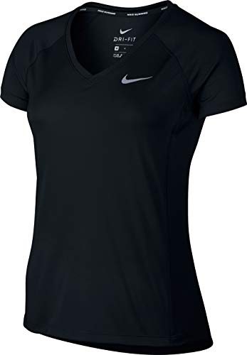 Nike Damen W NK MILER TOP VNECK T-shirt, Black/Reflective Silver, XL von Nike