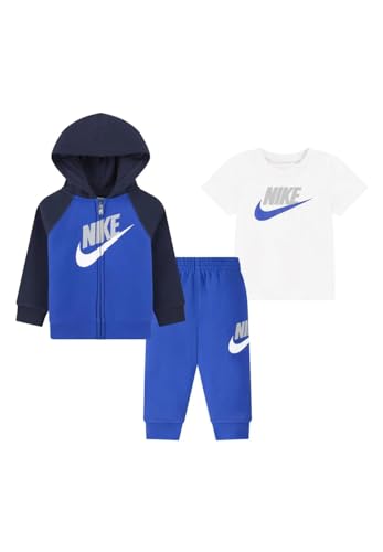 Nike -SET bestehend aus Sweatshirt, T-Shirt und Hose -Sweatshirt mit Kapuze und Reißverschluss -T-SHIRT halbe Ärmel -Hose mit elastischem Bund -Hose mit Rippbündchen -REGULAR FIT Blau von Nike