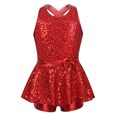 Nimiya Kinder Mädchen Tanzkleid Glänzend Pailletten Ballettkleid Tanz Kleider Ärmellos Leotard Rückenfrei Jumpsuit Tanz Outfit Training Performance Rot 176 von Nimiya