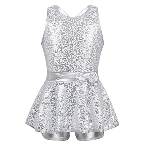 Nimiya Kinder Mädchen Tanzkleid Glänzend Pailletten Ballettkleid Tanz Kleider Ärmellos Leotard Rückenfrei Jumpsuit Tanz Outfit Training Performance Weiss 128 von Nimiya