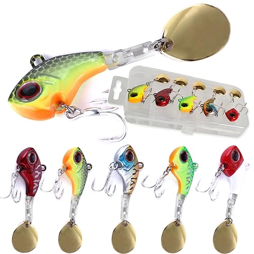 Jig Spinner Set 5X in Box 13g (Wählbare Gewichte: 9g 13g 16g 21g) Spinnerbait Spinner Jig Bait Bleikopfspinner | Zielfisch: Barsch, Forelle, Hecht, Zander, Wels |Rostfreie Haken (5er Set 14g mit Box) von Njord Kalastus