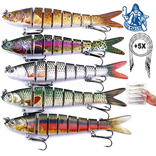 Njord Kalastus Hecht Köder Set Kunstköder 5 Stück in Box Angel-Köder zum Raubfisch-Angeln – Wobbler mehrteilig mit Gelenk für realistischen Lauf 14cm 25g langsam sinkend +5X Stahlvorfach von Njord Kalastus