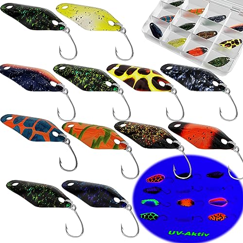 Njord Kalastus Messeneuheit 2024 Spoons Forelle UV-Aktiv 2,5g 3cm 12 Stück in Spoonbox | Forellen Spoon Set Forellenköder Spoons Forellen Angeln Spoons Set Trout Spoon Angeln Spoons Forelle Set Box von Njord Kalastus