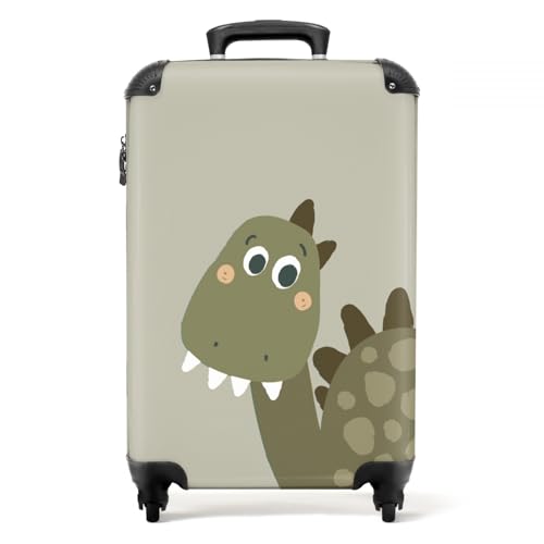 NoBoringSuitcases.com® Kinderkoffer Jungen Handgepäck Koffer Reisetasche mit Rollen Geschenk - Dino - Koffer Grün - Grau - 55x35x20cm von NoBoringSuitcases.com